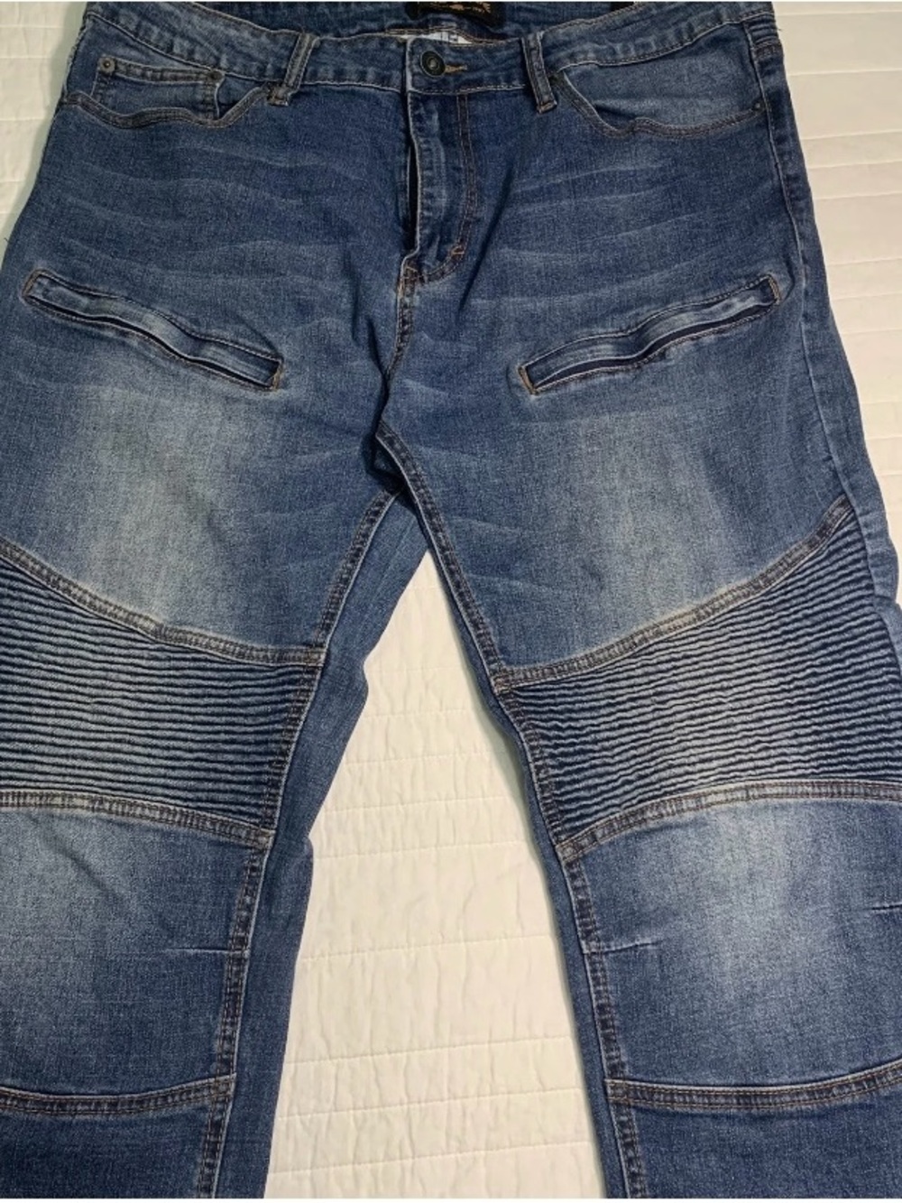 Ring of Fire Men's Washed Blue Ribbed Knee Moto Jeans 36x30 Slim Biker